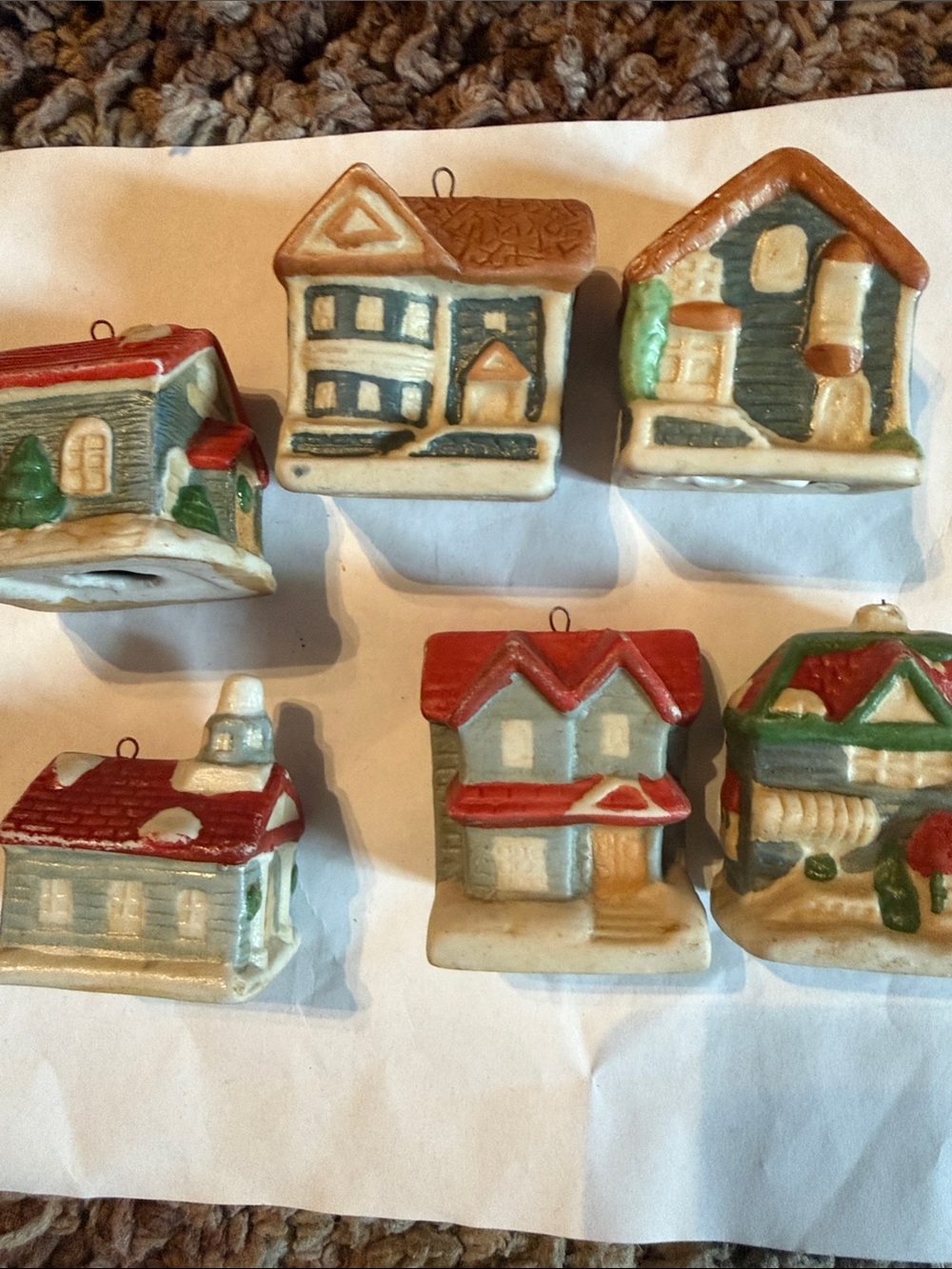 Hand-Painted Ceramic Miniature House Ornaments - Red, Green & Cream